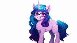 Size: 1024x576 | Tagged: safe, imported from derpibooru, izzy moonbow, pony, unicorn, ai content, ai generated, g5, generator:stable diffusion, glasses, my little pony: a new generation, simple background, solo, white background