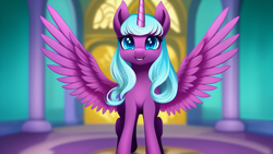 Size: 1024x576 | Tagged: safe, imported from derpibooru, opaline arcana, alicorn, pony, spoiler:g5, spoiler:my little pony: make your mark, spoiler:my little pony: make your mark chapter 2, ai content, ai generated, female, g5, generator:stable diffusion, grin, looking at you, mare, my little pony: a new generation, my little pony: make your mark, my little pony: make your mark chapter 2, open mouth, smiling, smiling at you, solo, spread wings, unshorn fetlocks, wings