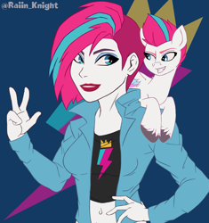 Size: 2071x2203 | Tagged: safe, artist:raiin_knight, imported from derpibooru, zipp storm, human, pegasus, pony, equestria girls, clothes, eyebrows, eyeshadow, female, g5, human ponidox, jacket, lipstick, makeup, mare, self paradox, self ponidox, simple background, smiling, toy interpretation