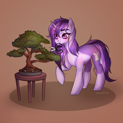 Size: 2832x2808 | Tagged: safe, artist:maslo<3, imported from derpibooru, oc, oc only, oc:dreaming bell, pony, unicorn, bonsai, brown background, commission, female, horn, mare, plants, scissors, simple background, solo, tree, unicorn oc, ych result