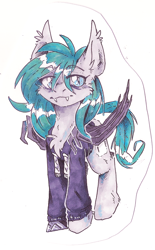 Size: 762x1232 | Tagged: safe, artist:lonerdemiurge_nail, imported from derpibooru, oc, oc only, oc:nail, bat pony, pony, bat pony oc, black eye, clothes, fangs, hoodie, smiling, solo