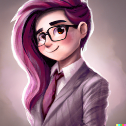 Size: 1024x1024 | Tagged: safe, editor:jesterofdestiny, imported from derpibooru, fluttershy, human, ai content, ai generated, blushing, clothes, generator:dall-e 2, glasses, humanized, necktie, palette swap, recolor, smiling, solo, suit