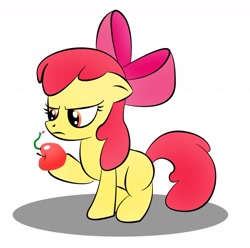 Size: 1280x1271 | Tagged: safe, artist:daburu, imported from derpibooru, apple bloom, earth pony, pony, worm, apple, apple bloom's bow, bow, female, filly, floppy ears, foal, food, hair bow, simple background, solo, upset, white background