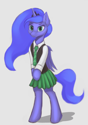 Size: 940x1329 | Tagged: safe, artist:foxpit, imported from derpibooru, princess luna, semi-anthro, bipedal, clothes, female, mare, necktie, skirt, solo