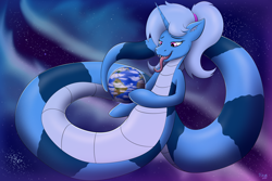 Size: 3000x2000 | Tagged: safe, artist:triksa, imported from derpibooru, oc, oc only, oc:triksa, lamia, original species, earth, implied vore, macro/micro, planet, size difference, space, tongue out