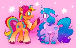 Size: 2048x1298 | Tagged: safe, artist:alexbeeza, imported from derpibooru, izzy moonbow, sunny starscout, earth pony, pony, unicorn, blushing, boop, cute, duo, duo female, female, g5, izzybetes, izzyscout, lesbian, looking at each other, looking at someone, scene interpretation, shipping, smiling, sunnybetes