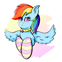 Size: 1300x1300 | Tagged: safe, artist:avacz, imported from derpibooru, rainbow dash, blushing, clothes, collar, cute, embarrassed, implied flutterdash, implied lesbian, implied shipping, simple background, sketch, socks, solo, striped socks