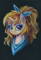 Size: 834x1200 | Tagged: safe, artist:maytee, imported from derpibooru, oc, oc only, oc:kohaku, pony, unicorn, bust, colored pencil drawing, ear piercing, earring, jewelry, neckerchief, piercing, portrait, solo, traditional art