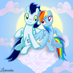 Size: 1300x1300 | Tagged: safe, artist:mlplary6, imported from derpibooru, rainbow dash, soarin', pegasus, pony, cloud, duo, female, floating, floating heart, heart, holding hooves, looking at each other, looking at someone, love, male, mare, romantic, shipping, sitting, sky, smiling, smiling at each other, soarindash, stallion, straight, sun