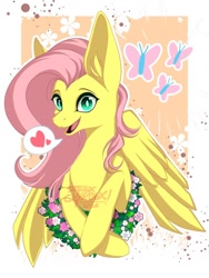 Size: 768x1024 | Tagged: safe, artist:caizartz4124, imported from derpibooru, fluttershy, pegasus, pony, female, flower, looking at you, mare, pictogram, solo, speech bubble, watermark
