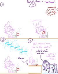 Size: 4779x6013 | Tagged: safe, artist:adorkabletwilightandfriends, imported from derpibooru, spike, starlight glimmer, dragon, pony, unicorn, comic:adorkable twilight and friends, adorkable, adorkable friends, comic, content, cute, dialogue, dork, drinking, dripping, duo, friendship, happy, humor, kitchen, mug, newspaper, onomatopoeia, puddle, rain, reading, simple background, sitting, slice of life, soaked, sound effects, teasing, unhappy, weather, wet, wet mane, wet starlight glimmer, white background