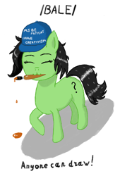 Size: 562x827 | Tagged: safe, artist:raritymylove, imported from derpibooru, oc, oc only, oc:filly anon, earth pony, pony, :3, brush, cap, cute, earth pony oc, eyes closed, female, filly, hat, mouth hold, paint, paintbrush, simple background, solo, white background