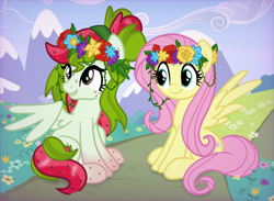 Size: 2768x2029 | Tagged: safe, artist:sjart117, imported from derpibooru, fluttershy, oc, oc:watermelana, pegasus, pony, cloud, female, field, floral head wreath, flower, flower in hair, freckles, gradient hooves, high res, hippie, hippieshy, mare, mountain, path, sitting, smiling, spread wings, wings