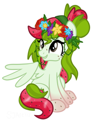 Size: 1564x2029 | Tagged: safe, artist:sjart117, imported from derpibooru, oc, oc only, oc:watermelana, pegasus, pony, female, floral head wreath, flower, flower in hair, freckles, gradient hooves, hippie, mare, pegasus oc, simple background, sitting, smiling, transparent background