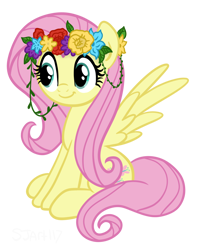 Size: 1424x1780 | Tagged: safe, artist:sjart117, imported from derpibooru, fluttershy, pegasus, pony, female, floral head wreath, flower, flower in hair, hippie, hippieshy, mare, simple background, sitting, smiling, transparent background