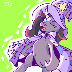 Size: 2000x2000 | Tagged: safe, artist:papacruda09, imported from derpibooru, classical unicorn, unicorn, them's fightin' herds, cape, clothes, cloven hooves, community related, cosplay, costume, female, happy, hat, horn, leonine tail, looking at you, mare, oleander (tfh), one eye closed, open mouth, simple background, solo, unshorn fetlocks, wink, winking at you, wizard hat