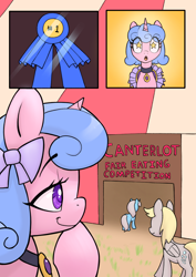 Size: 2480x3508 | Tagged: safe, artist:ahobobo, imported from derpibooru, derpy hooves, linky, royal ribbon, shoeshine, pegasus, pony, unicorn, comic:royal ribbon eating, blue ribbon, bow, comic, eating contest, female, hair bow, mare, open mouth, smiling, starry eyes, this will end in weight gain, wingding eyes