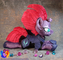 Size: 2425x2304 | Tagged: safe, artist:1stastrastudio, imported from derpibooru, tempest shadow, pony, unicorn, armor, broken horn, commission, female, horn, irl, lying down, mare, photo, plushie, prone, solo