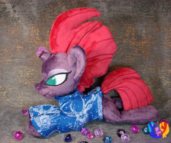 Size: 2747x2304 | Tagged: safe, artist:1stastrastudio, imported from derpibooru, tempest shadow, pony, unicorn, broken horn, clothes, commission, female, horn, irl, lying down, mare, photo, plushie, prone, shirt, solo, sweater