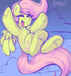 Size: 1645x1757 | Tagged: safe, artist:llametsul, imported from derpibooru, fluttershy, pegasus, pony, chest fluff, colored sketch, cute, eyebrows, eyebrows visible through hair, eyes closed, frog (hoof), happy, hoofbutt, open mouth, open smile, shyabetes, smiling, solo, underhoof