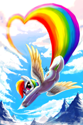 Size: 1217x1830 | Tagged: safe, alternate version, artist:eiolf, imported from derpibooru, rainbow dash, pegasus, pony, cloud, flying, heart, looking at you, mountain, mountain range, rainbow trail, sky, solo, spread wings, wings