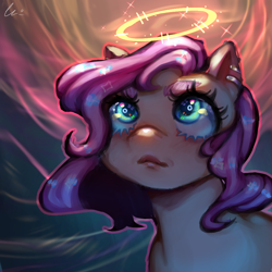 Size: 1000x1000 | Tagged: safe, artist:littlexdemon, imported from derpibooru, fluttershy, pegasus, pony, bust, female, halo, looking up, mare, solo