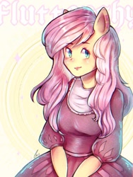 Size: 768x1024 | Tagged: safe, artist:littlexdemon, imported from derpibooru, fluttershy, anthro, pegasus, clothes, dress, female, human facial structure, name, smiling, solo