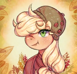 Size: 1536x1473 | Tagged: safe, artist:littlexdemon, imported from derpibooru, applejack, earth pony, pony, bust, cap, female, hair over one eye, hat, heart, heart eyes, leaves, mare, smiling, solo, wingding eyes