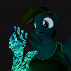Size: 600x600 | Tagged: safe, artist:kamimation, imported from derpibooru, oc, oc:kam pastel, anthro, pegasus, 3d, amputee, animated, blender, breasts, clothes, disintegration, gif, glow, glowing eyes, hat, particles, prosthetic limb, prosthetics, solo, spread wings, wings, worried