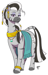 Size: 1250x1925 | Tagged: safe, artist:a0iisa, imported from ponybooru, oc, oc:matriarch zeg'us, zebra, blanket, female, jewelry, lidded eyes, looking at you, mare, neck rings, necklace, piercing, smiling, solo, solo female, zebra oc