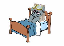 Size: 3500x2500 | Tagged: safe, artist:anonymous, dust devil, pegasus, bed, bedsheets, female, goggles, goggles on head, mare, pillow, simple background, sleepy, solo, solo female, white background, wings