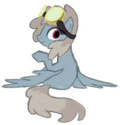 Size: 409x428 | Tagged: safe, artist:anonymous, dust devil, pegasus, pony, female, goggles on head, looking at you, looking back, looking back at you, mare, one hoof raised, raised hoof, simple background, sitting, smiling, smiling at you, solo, solo female, wings
