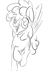 Size: 643x903 | Tagged: safe, artist:anonymous, dust devil, pegasus, pony, female, goggles, googles on head, happy, mare, monochrome, one hoof raised, sketch, smiling, smiling at you, solo, solo female, wings