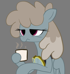 Size: 1035x1083 | Tagged: safe, artist:anonymous, dust devil, pegasus, pony, bust, coffee, coffee mug, female, goggles, holding, mare, mug, portrait, simple background, solo, solo female, tired, wings