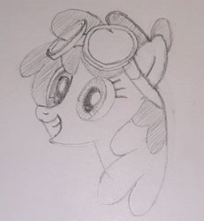 Size: 1261x1365 | Tagged: safe, artist:anonymous, dust devil, pegasus, pony, bust, female, goggles, goggles on head, mare, monochrome, photo, portrait, sketch, smiling, solo, solo female, traditional art, wings