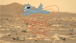 Size: 1488x850 | Tagged: safe, artist:anonymous, dust devil, pegasus, pony, desert, female, flying, goggles, mare, mars, raised hoof, raised wings, real life background, smiling, solo, solo female, tornado, wings