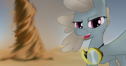 Size: 2548x1332 | Tagged: safe, artist:anonymous, dust devil, pegasus, pony, desert, female, goggles, looking at you, mare, smiling, solo, solo female, taking a photo, tornado, wind, windy, wings