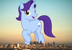 Size: 2047x1415 | Tagged: safe, artist:cheezedoodle96, artist:jaredking779, edit, imported from derpibooru, november rain, pony, unicorn, background pony, california, friendship student, giant pony, giant unicorn, highrise ponies, irl, los angeles, macro, male, mega giant, photo, ponies in real life, raised hoof, solo, stallion, story included