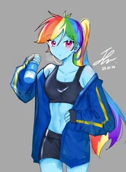 Size: 584x800 | Tagged: safe, artist:rainbom__1122, imported from derpibooru, rainbow dash, equestria girls, blushing, clothes, jacket, midriff, ponytail, shorts, sports bra, sports shorts, sweat, water bottle