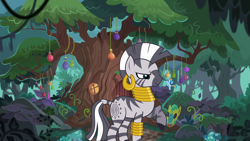 Size: 3840x2160 | Tagged: safe, artist:birthofthepheonix, artist:mlp-silver-quill, artist:uxyd, imported from derpibooru, rainbow dash, zecora, pegasus, pony, zebra, ear piercing, earring, female, high res, jewelry, leg rings, mare, micro, neck rings, piercing, raised hoof, size difference, smiling, tiny, tiny ponies, zecora's hut