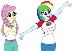 Size: 1550x1080 | Tagged: safe, artist:roseluck, derpibooru exclusive, imported from derpibooru, fluttershy, rainbow dash, human, equestria girls, legend of everfree, arms in the air, bare shoulders, belt, big breasts, breasts, busty rainbow dash, camp everfree outfits, clothes, colored sketch, duo, duo female, female, hands together, happy, looking at someone, looking up, missing accessory, open mouth, open smile, pants, scene interpretation, shirt, simple background, skirt, smiling, standing, t-shirt, tanktop, three quarter view, white background