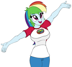 Size: 1150x1080 | Tagged: safe, artist:roseluck, derpibooru exclusive, imported from derpibooru, rainbow dash, human, equestria girls, legend of everfree, arms in the air, big breasts, breasts, busty rainbow dash, camp everfree outfits, clothes, colored sketch, cropped, female, happy, looking up, missing accessory, open mouth, open smile, pants, scene interpretation, shirt, simple background, smiling, solo, standing, t-shirt, three quarter view, white background