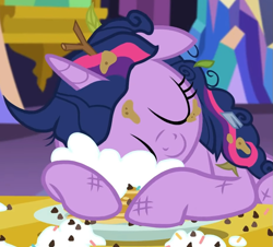 Size: 935x847 | Tagged: safe, imported from derpibooru, screencap, twilight sparkle, alicorn, pony, castle sweet castle, season 5, adorkable, cropped, cuddling, cute, dirty, dork, eyes closed, female, floppy ears, food, hnnng, i'm pancake, majestic as fuck, mare, messy, messy mane, pancakes, puncake, silly, silly pony, sleeping, smiling, snuggling, solo, tired, twiabetes, twilight sparkle (alicorn), twilight's castle, whipped cream