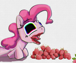 Size: 1839x1530 | Tagged: safe, artist:halfaman, imported from derpibooru, pinkie pie, pony, creepy, dilated pupils, eating, food, herbivore, messy eating, notebook, raspberry (food), simple background, solo, tongue out