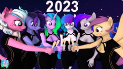 Size: 3840x2160 | Tagged: safe, artist:pootanger_sfm, imported from derpibooru, oc, oc only, oc:aurora starling, oc:fiona mahri, oc:inkwell stylus, oc:raven storm, oc:sugar floss, oc:violet heart, anthro, earth pony, kirin, pegasus, unicorn, alcohol, champagne, champagne glass, clothes, dress, earth pony oc, glasses, gradient mane, happy new year, holiday, horn, kirin oc, looking at something, new year, pegasus oc, unicorn oc, wine