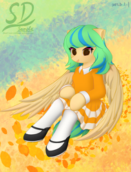 Size: 1713x2253 | Tagged: safe, artist:speedy dashie, imported from derpibooru, pegasus, pony, semi-anthro, clothes, cute, dress, shoes, sitting, socks, solo