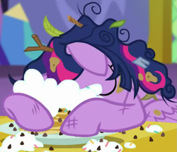 Size: 935x809 | Tagged: safe, imported from derpibooru, screencap, twilight sparkle, alicorn, pony, castle sweet castle, season 5, adorkable, cropped, cuddling, cute, dirty, dork, eyes closed, female, floppy ears, food, head down, i'm pancake, majestic as fuck, mare, messy, messy mane, pancakes, puncake, sleeping, snuggling, solo, tired, twiabetes, twilight sparkle (alicorn), twilight's castle, whipped cream