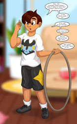 Size: 1250x2000 | Tagged: safe, artist:runningtoaster, imported from derpibooru, part of a set, human, luxray, clothes, commission, dialogue, eye clipping through hair, eyebrows, eyebrows visible through hair, hoop, human to anthro, inanimate tf, instructions, male, male to female, open mouth, plushification, pokémon, reading, rule 63, shirt, shoes, shorts, socks, solo, speech bubble, transformation, transformation ring, transformation sequence, transgender transformation