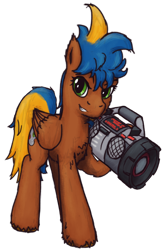 Size: 800x1200 | Tagged: safe, artist:hiddelgreyk, imported from derpibooru, oc, oc only, pegasus, pony, derpibooru community collaboration, 2023 community collab, blue mane, boombox, brown coat, chest fluff, folded wings, full body, green eyes, grin, hooves, looking at you, male, pegasus oc, simple background, smiling, solo, stallion, standing, tail, transparent background, two toned mane, two toned tail, wings