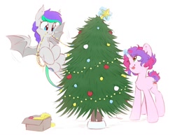 Size: 1360x1049 | Tagged: safe, artist:melodylibris, imported from derpibooru, oc, oc only, oc:lony, oc:melody (melodylibris), bat pony, pony, unicorn, bat pony oc, christmas, christmas tree, decorating, duo, female, holiday, mare, mouth hold, simple background, tree, white background